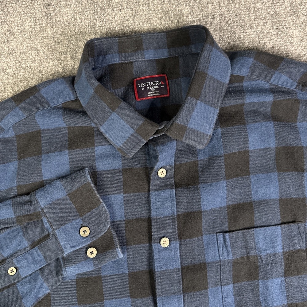 Untuckit Mens XL Flannel Shirt Button Up Long Sleeve Blue Gingham Check Cotton